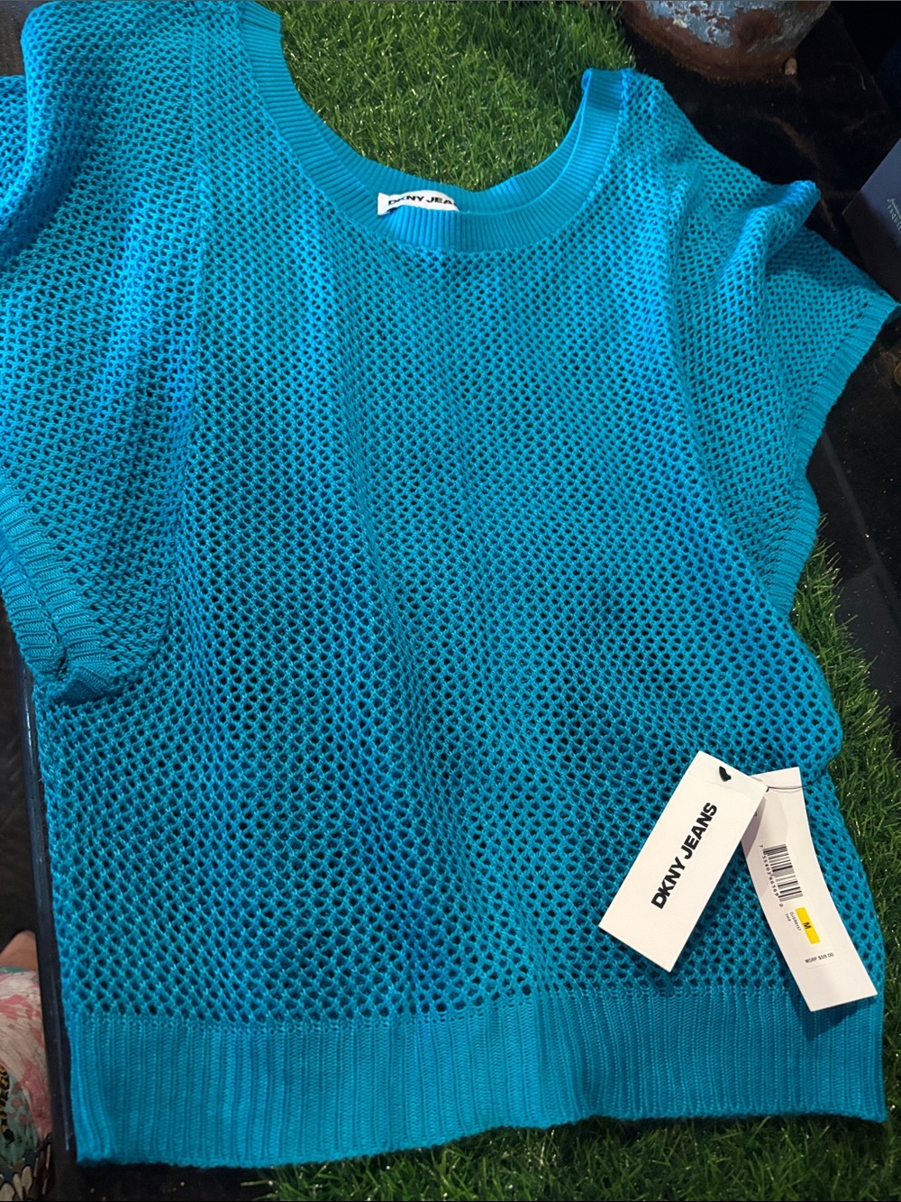 Dkny Teal Open-Knit Crewneck Sweater